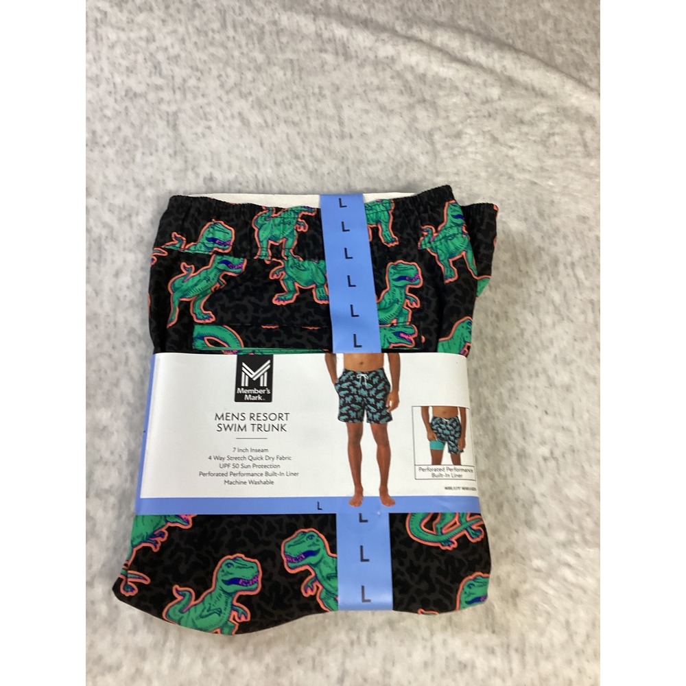 Members Mark Mens Resort Swim Trunk Large Black Dinosaur Leopard Print 7 Inseam